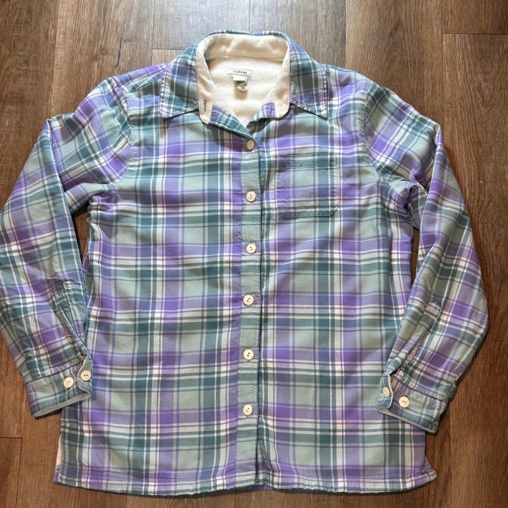 LL Bean Womens XS Fleece Lined Flannel Shirt Jacket Purple Teal Plaid 285013